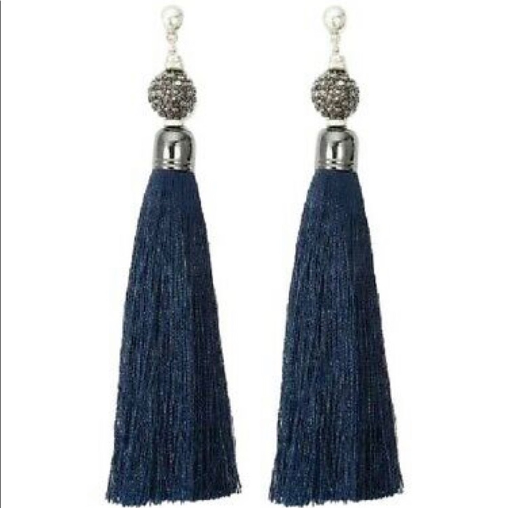 Stella & Dot Navy Blue Tassel & crystal chandelier disco ball sparkle earrings